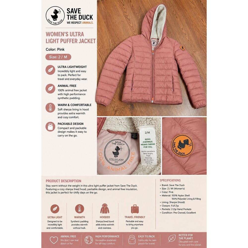 Save The Duck Women's Ultra Light Puffer Jacket Pink Hooded Sherpa 2/M
